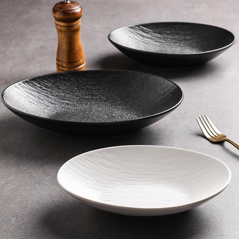 Black and White Frosted Stone Patterned Ceramic Bowl, Fruit Salad Bowl, Irregular Tableware, Oval Soup Plate, Pasta Bowl