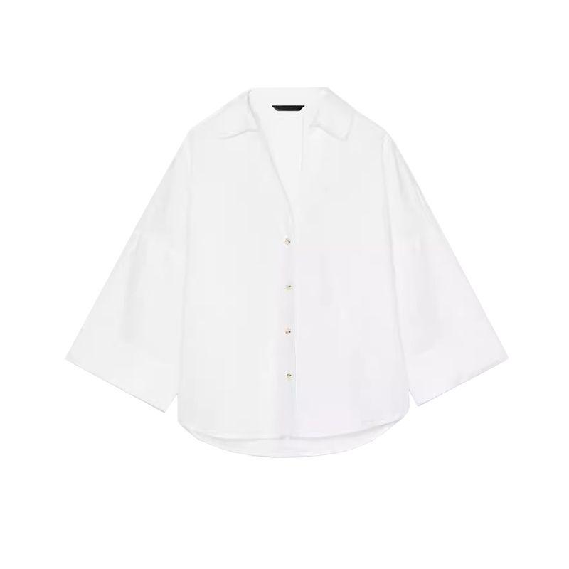 Summer New Product Women's Clothes Minimalist V-Shaped Lapel Linen Blended Plaid Wide Sleeve Lapel Shirt 2340712