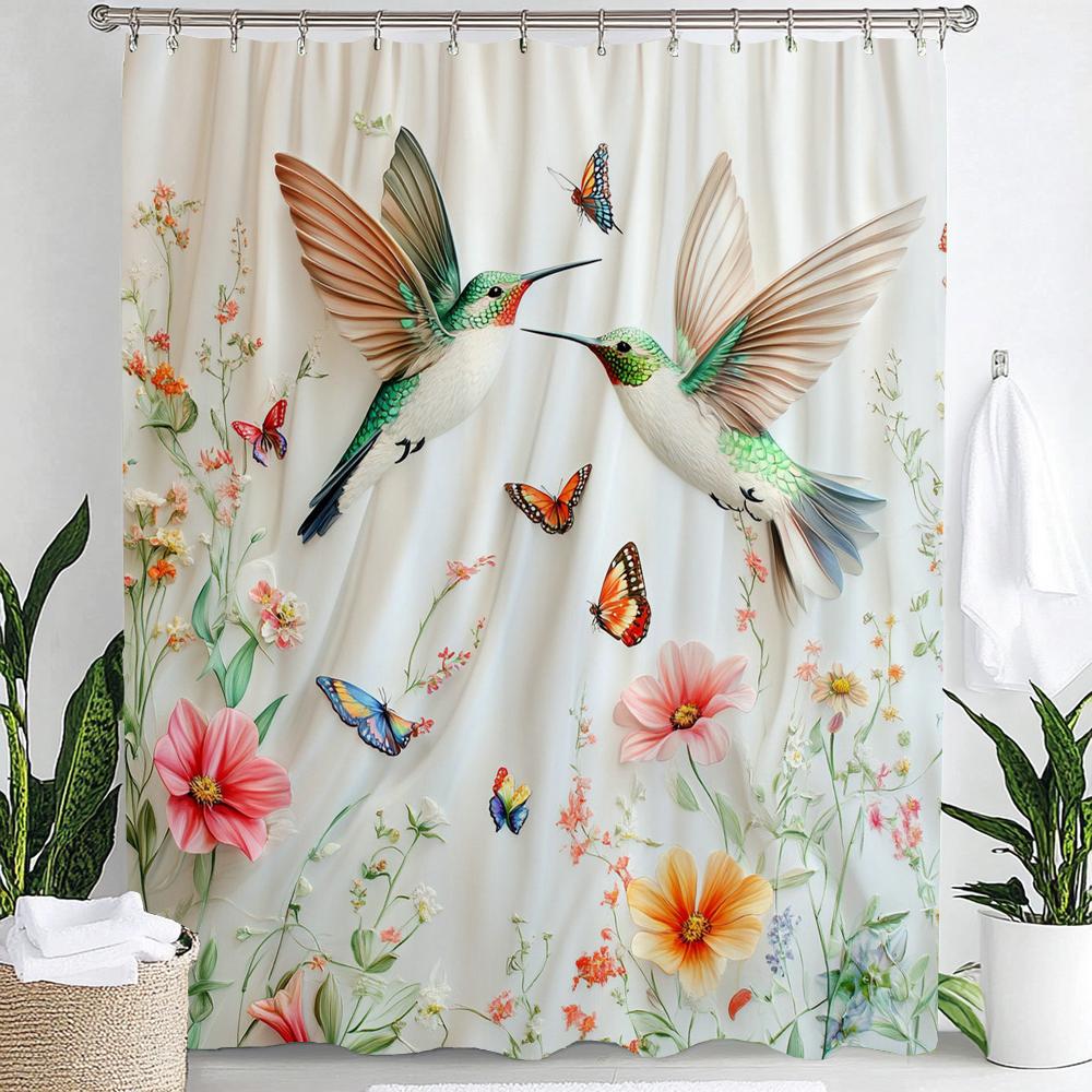 1Pc Colorful Flowers And Birds Print Waterproof Shower Curtain Partition Privacy Hanging Curtain With 12 Hooks Machine Washable