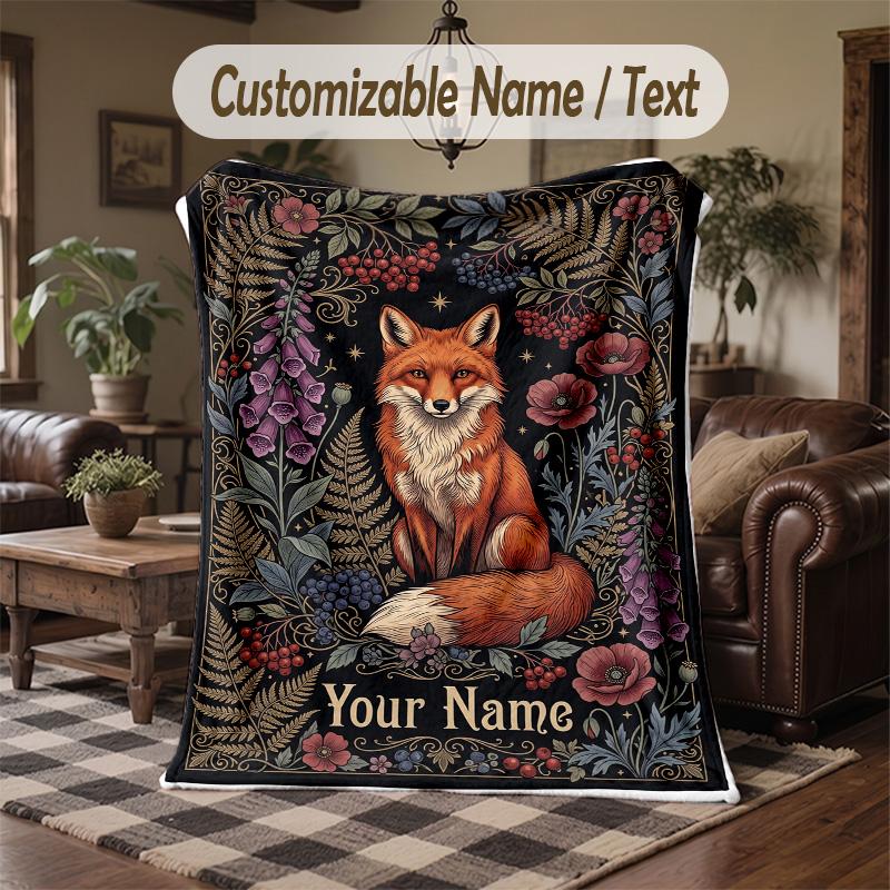 Fox Flowers Poster Theme Throw Blanket Custom Name Text Personalized Blanket Soft Cozy Blanket for Home Sofa Bed