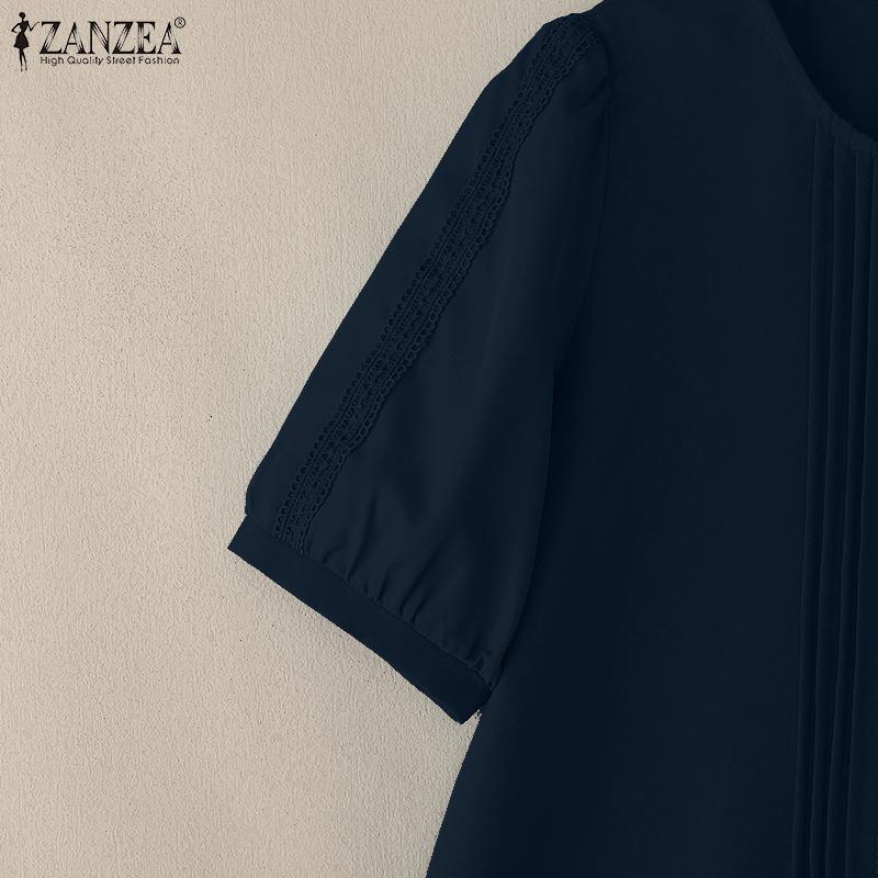 ZANZEA Damen Sommer Rundhals Kurzarm Freizeitbluse