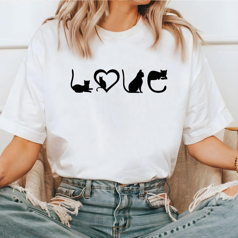 Women Black Cat Mom Love Print TShirt for Christmas Fashion Crew Neck Short Sleeve TShirt Casual Cat Lover Womens Clothing