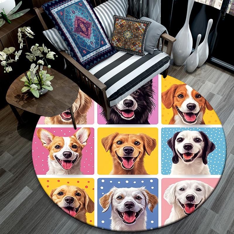 Happy Dog Round Area Rug,Carpet Rug for Living Room Bedroom Sofa Playroom Decor,Non-slip Floor Mat