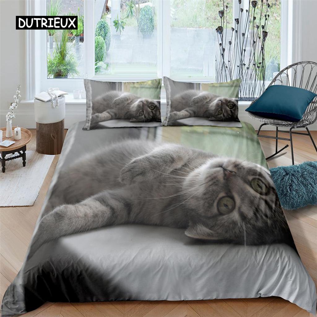 Zestaw poszewek na kołdrę dla kotów, wzór dla kotów, podwójny zestaw pościeli, uroczy kociak dla chłopców, poliester, tajemniczy czarny kot, poszewka na kołdrę w rozmiarze king size