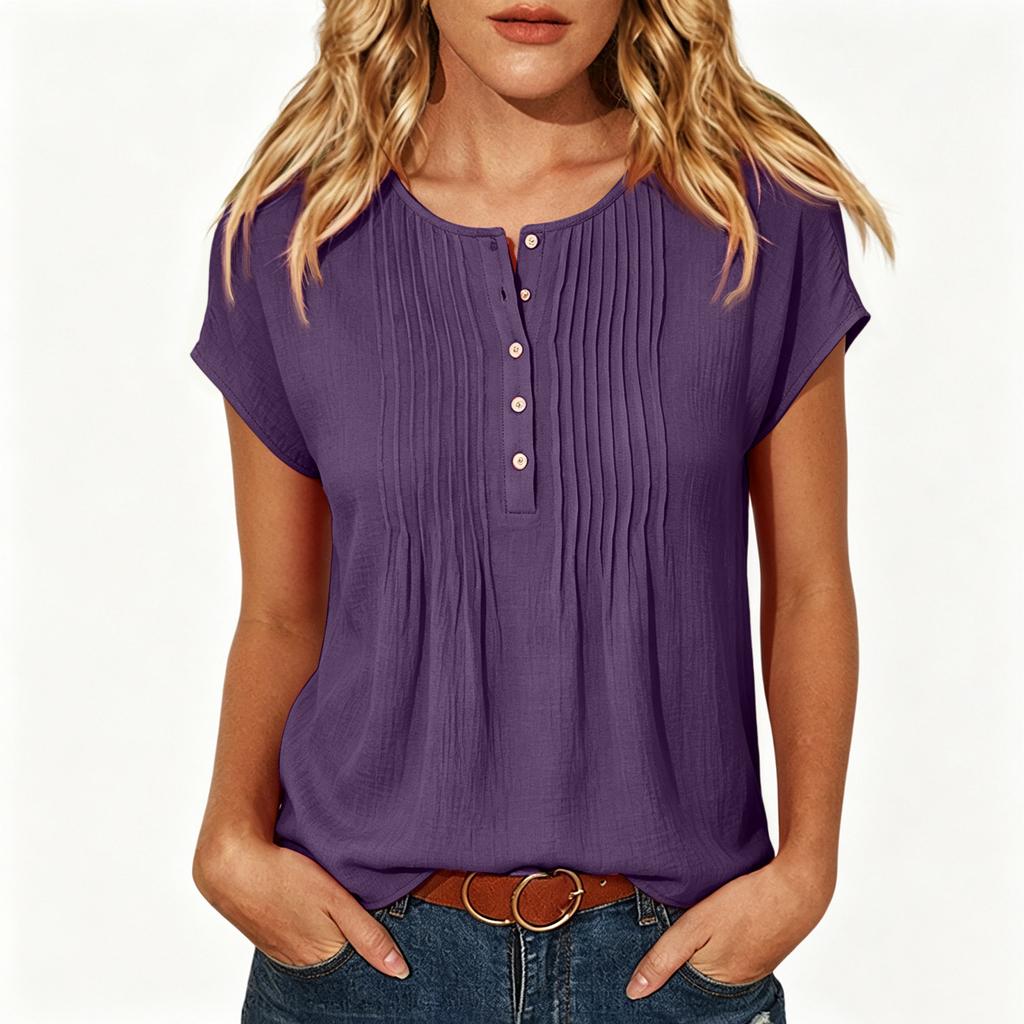 Women's Casual Color Button Front Round Neck Short Sleeve Blouse for Everyday Wear