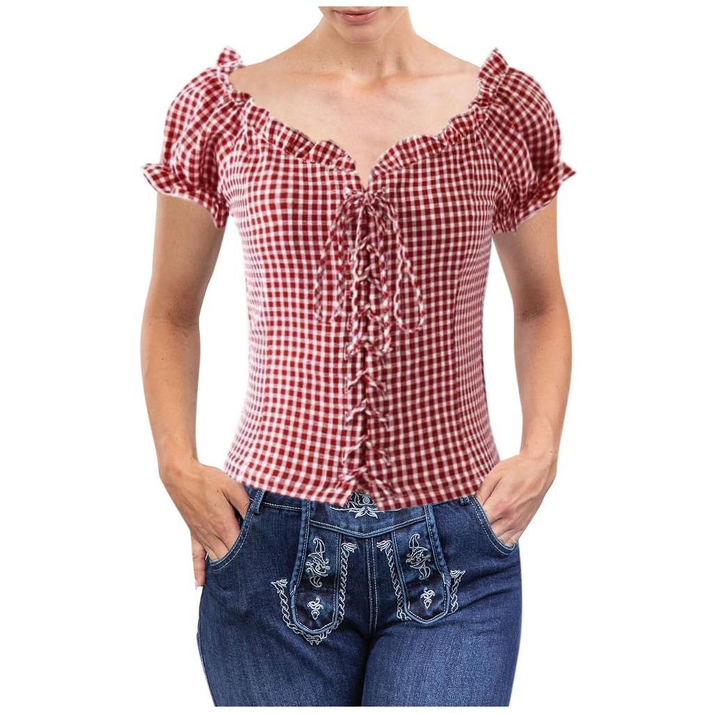 Traditional Women's Casual Short-Sleeve Plaid Shirt Beer Festival
