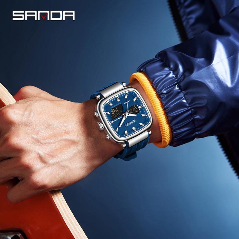 Sanda Unisex Trendy Square Watch: Multifunctional, Waterproof, Dual Display, Sports/Calendar Features, Casual Men's Electronic Wristwatch.