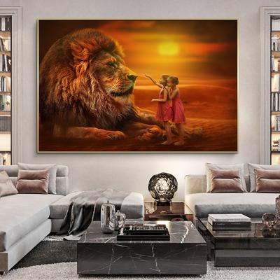 Re della giungla leone astratto arte poster stampa ragazza carezza leone tramonto arte murale tela dipinto soggiorno decorazione della casa