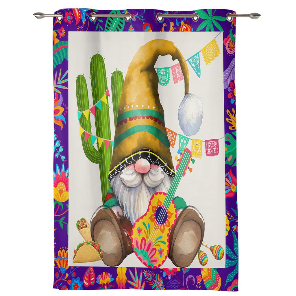 Mexican Midget Cactus Guitar Curtains for Bedroom Living Room Window Curtain Treatments Blinds Kitchen Home Decor Drapes