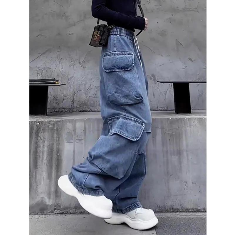 Amerikanische Retro High Waist Elastischer Bund Gerades Bein Mehrere Taschen Arbeitshose Damen Frühling und Herbst Neu Weiche Jeans
