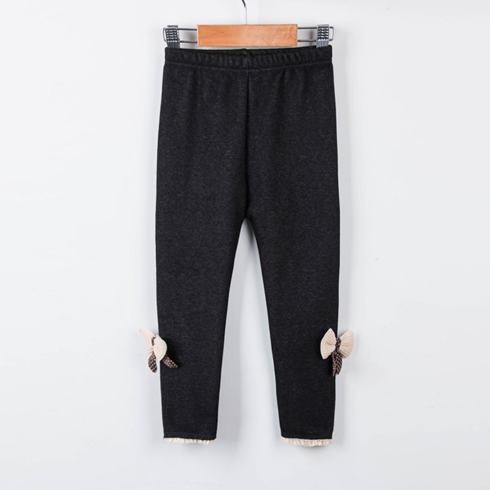Girls' Cute Bow Denim Leggings with Fleece Lining - Thickened Warm Casual Long Pants Fall/Winter Pants
