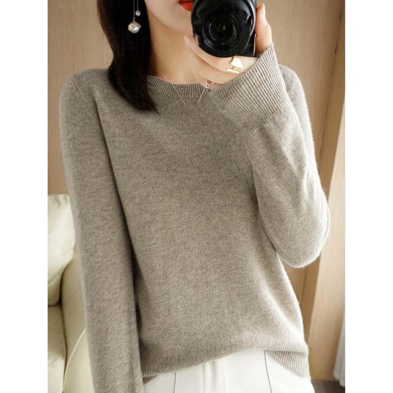 Women's O-Neck Thin Sweaters Solid Color Print Pullovers Fashion Casual Autumn Winter Long Sleeve Pull Jumper Commuter Knitted Base Shirt