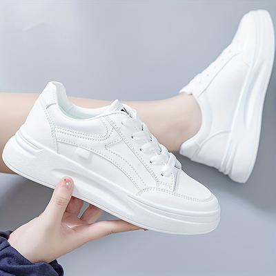 Plateau-Skate-Schuhe für Damen, vielseitige, höhenvergrößernde Schnür-Low-Top-Schuhe, weiße Outdoor-Walking-Schuhe