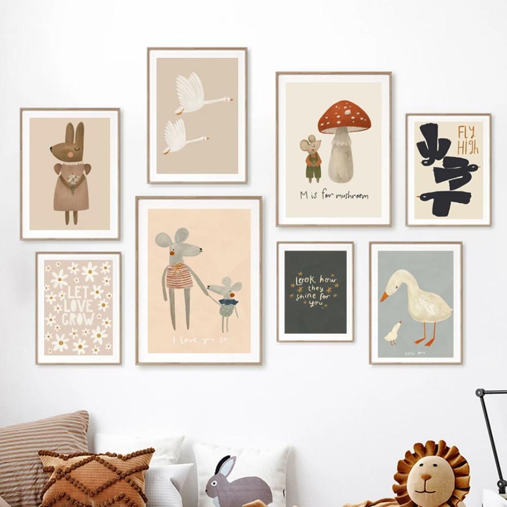Poster con Coniglio, Topo e Oca stile Cartone Animato Boho, Arte da Parete per Nursery, Pittura su Tela, Poster Retro Nordico, Quadro da Parete, Decorazione per Stanza di Bambini