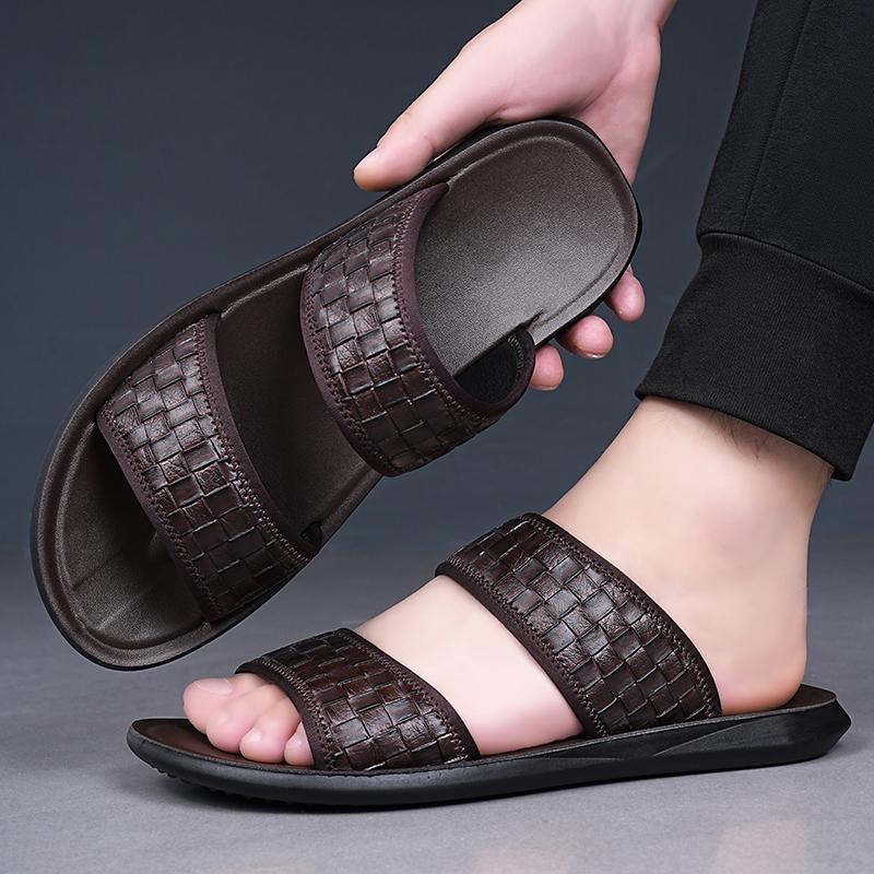 Men Black Leather Slippers Flats Summer Brown Sandals Outdoor White Wide Head Beach Shoes for Father Over Sized 46 47 48