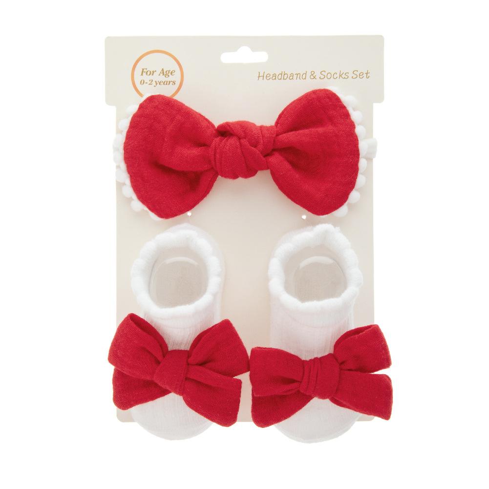 Niedliches europäisches Babysocken-Set mit Spitzen-Stirnband Knitter-Handgebundener Schleifenschmuck Bootssocken Neugeborenen-Stirnband Rutschfeste Bodensocken