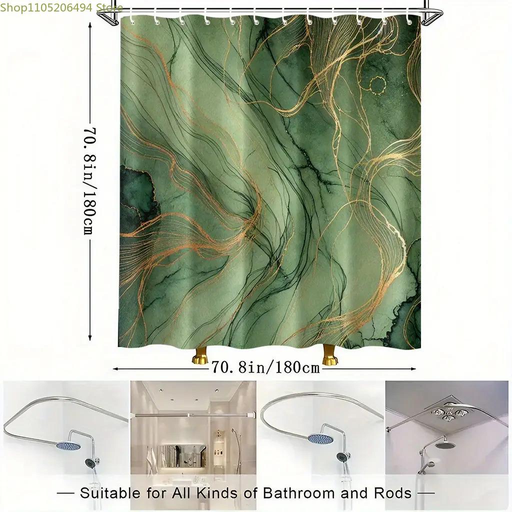 1pc Elegant Green & Shower Curtain with 12 Hooks - Luxury Bathroom Decor Suitable for Home & Hotel Use, Digitally Printed, Mac