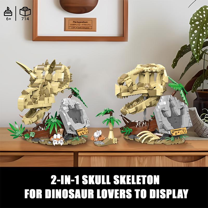 2-in-1 Dinosaur Fossil Skull Building Blocks DIY Animal Puzzle Assembly Educational Brick Toys Decoration Set For Adults Gifts