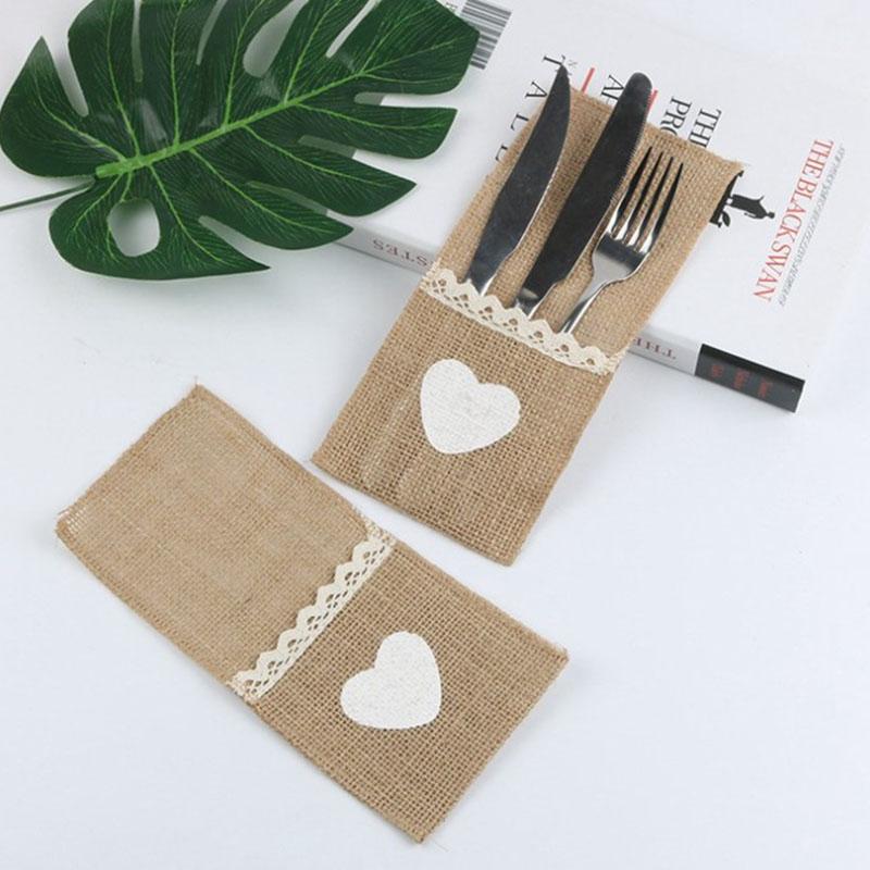1 Stück Jute Spitze Jute Hochzeit Geschirrbeutel Besteckhalter Tasche Partydeko