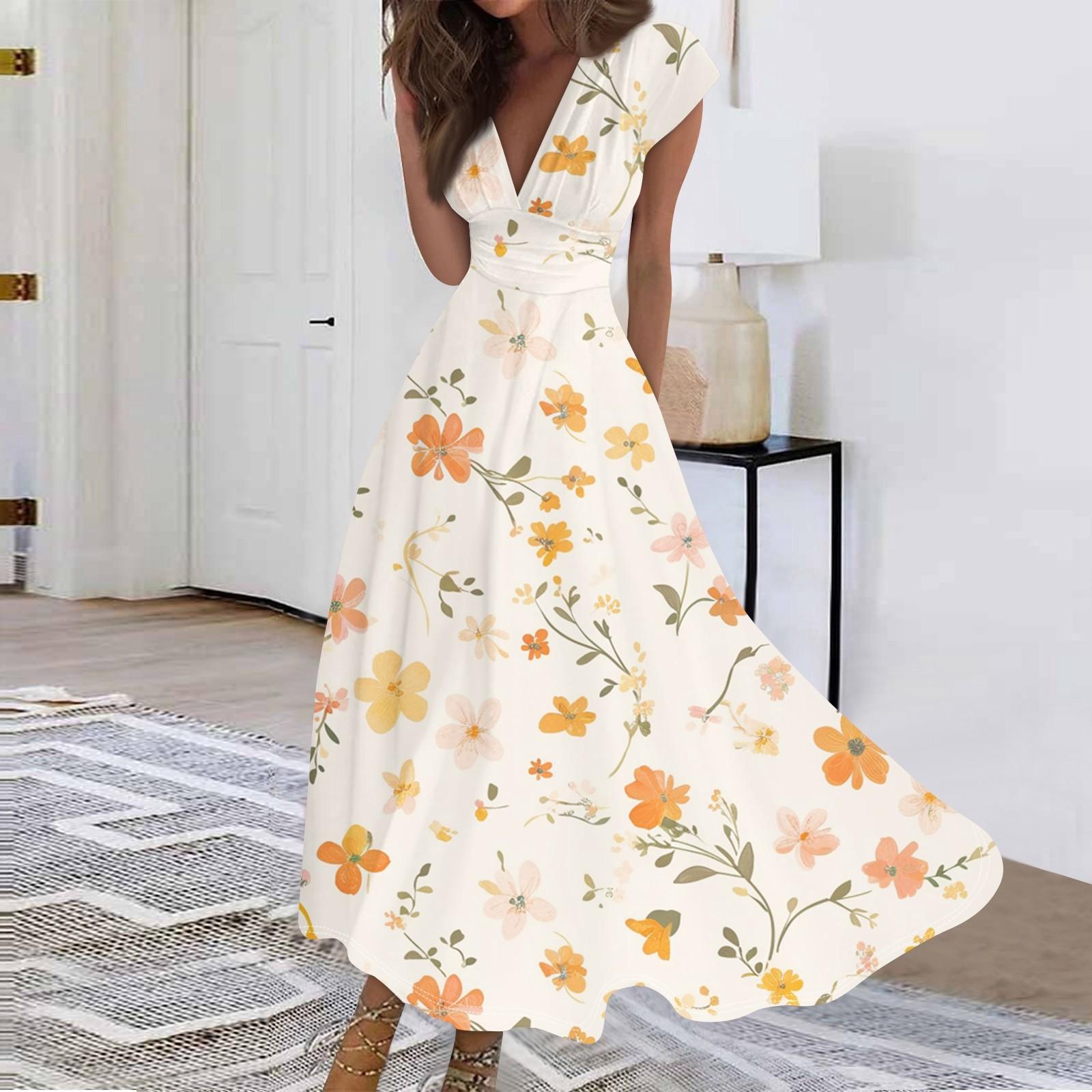 

Women s Long Casual Dress Summer Short-Sleeve V-Neck Waist Retraction Printed Dress M помаранчевий