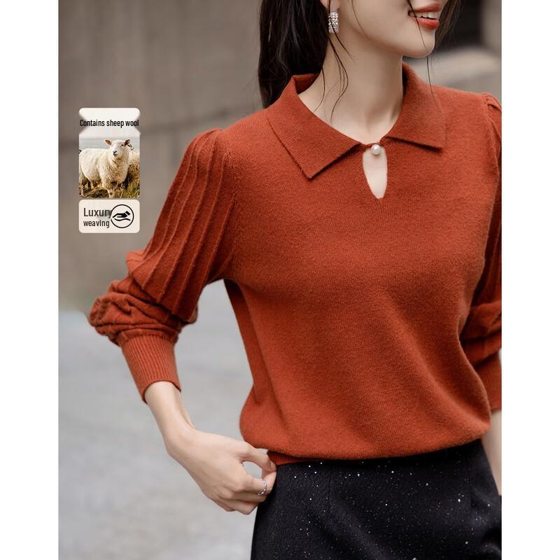 Demana Winter Wool Blend Studded Lapel Puff Sleeve Knit Top L