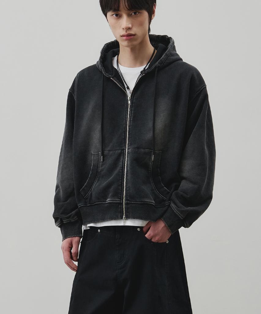 Alyss [Renewal] Plain Pigment Crop Zip-Up Hoodie [Washed Black]