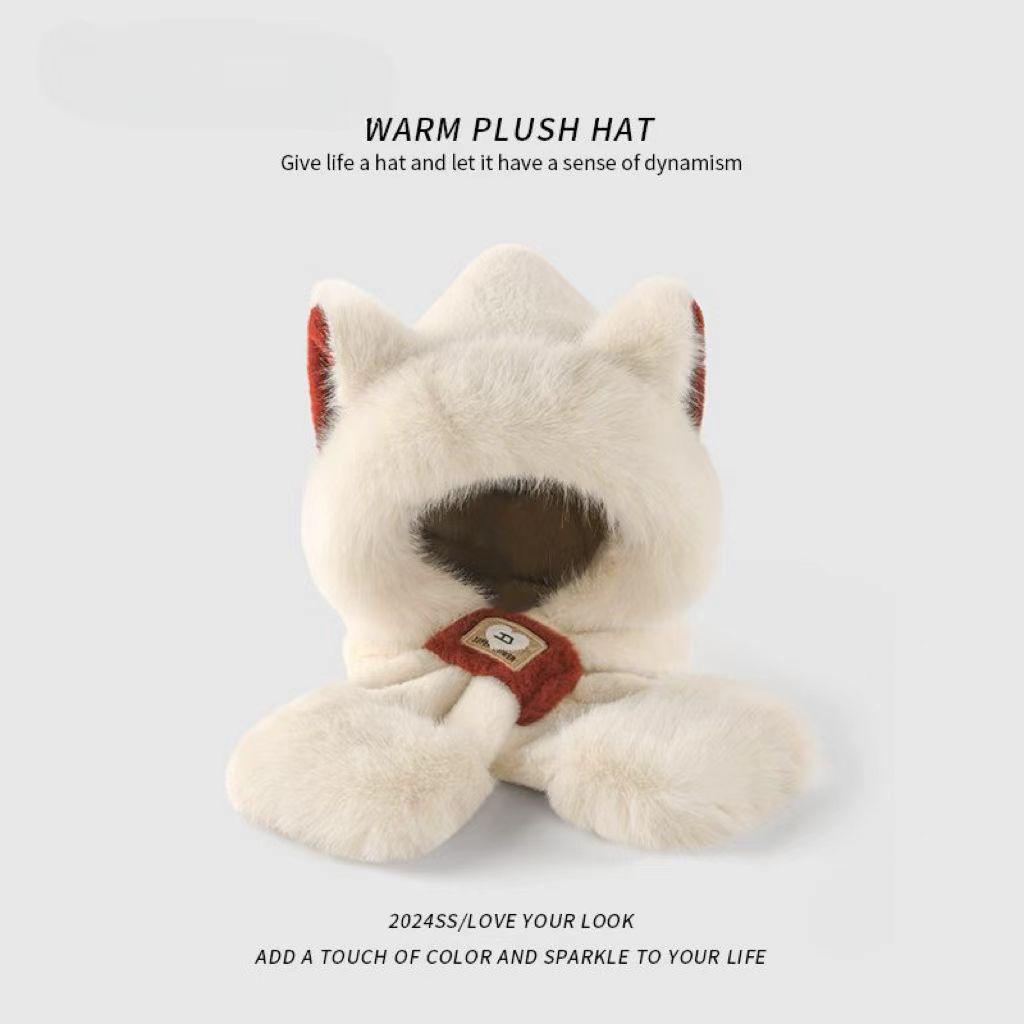 Damen Niedliche Pelzige Fuchsöhren Mütze und Schal mit Ohrenschützern - Winddichte Winter Radfahrausrüstung