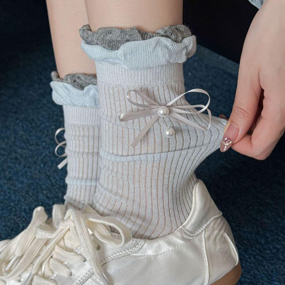 5Pairs Ins Style Bowknot Pearl Socks Thin Sweet Socks Women Soft Mid Tube Socks  Lady