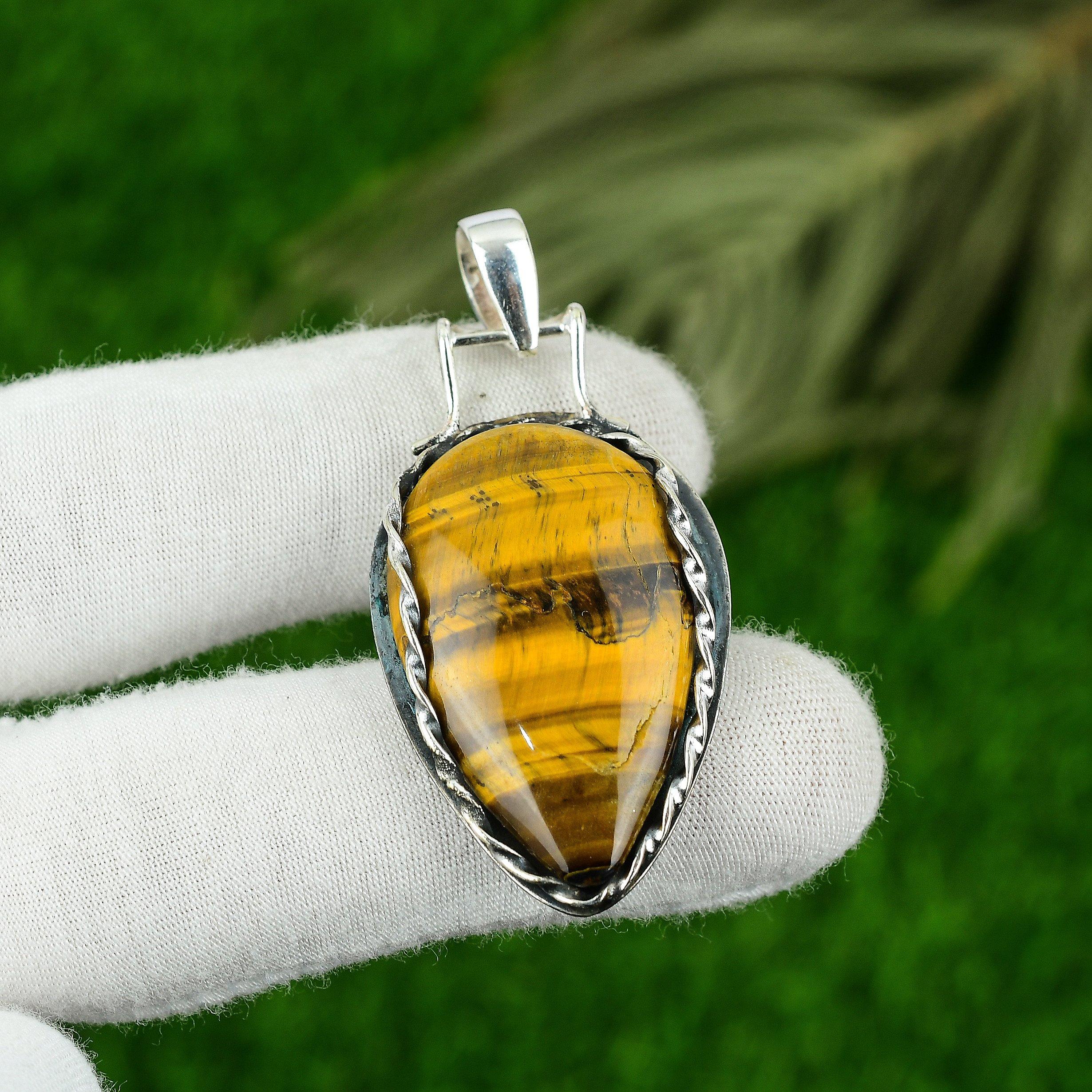

Sacral Chakra Tiger Eye Stone Wedding Artisan Ethnic Pendant Jewelry 925 Silver