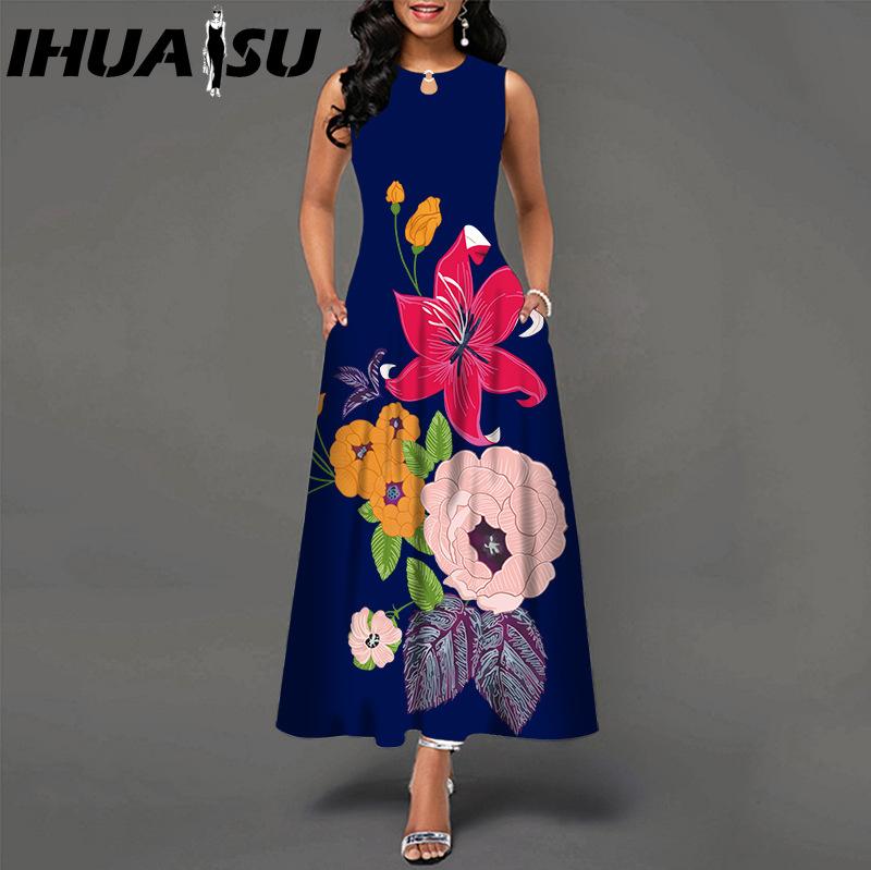 IHUASU 48 Farben Neues Damen Lockeres Vintage Blumenmuster Rüschenkleid Befree Kleid Großes Sommerparty Tanktops Elegante Maxikleider