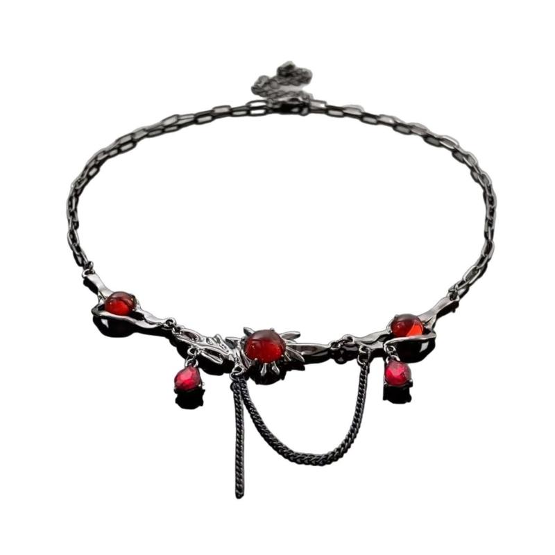 Gothic Style Dark Red Zircon Necklace with Black Tassels Trendy Collarbone Chain Unique Neckchain Fashion Jewelry