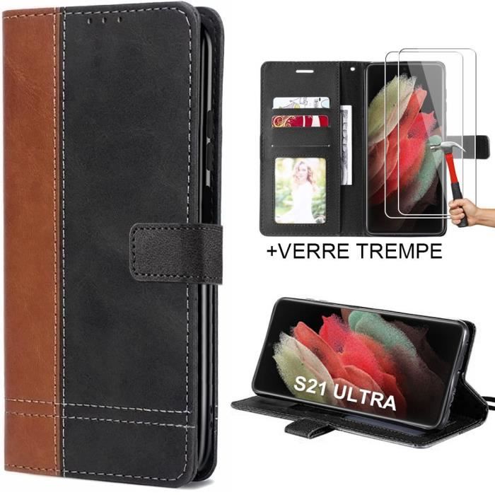 Protective Case for Samsung Galaxy S21 Ultra - BOOLING - Brown Two-Tone Synthetic Leather - With 2 Tempered Glasses