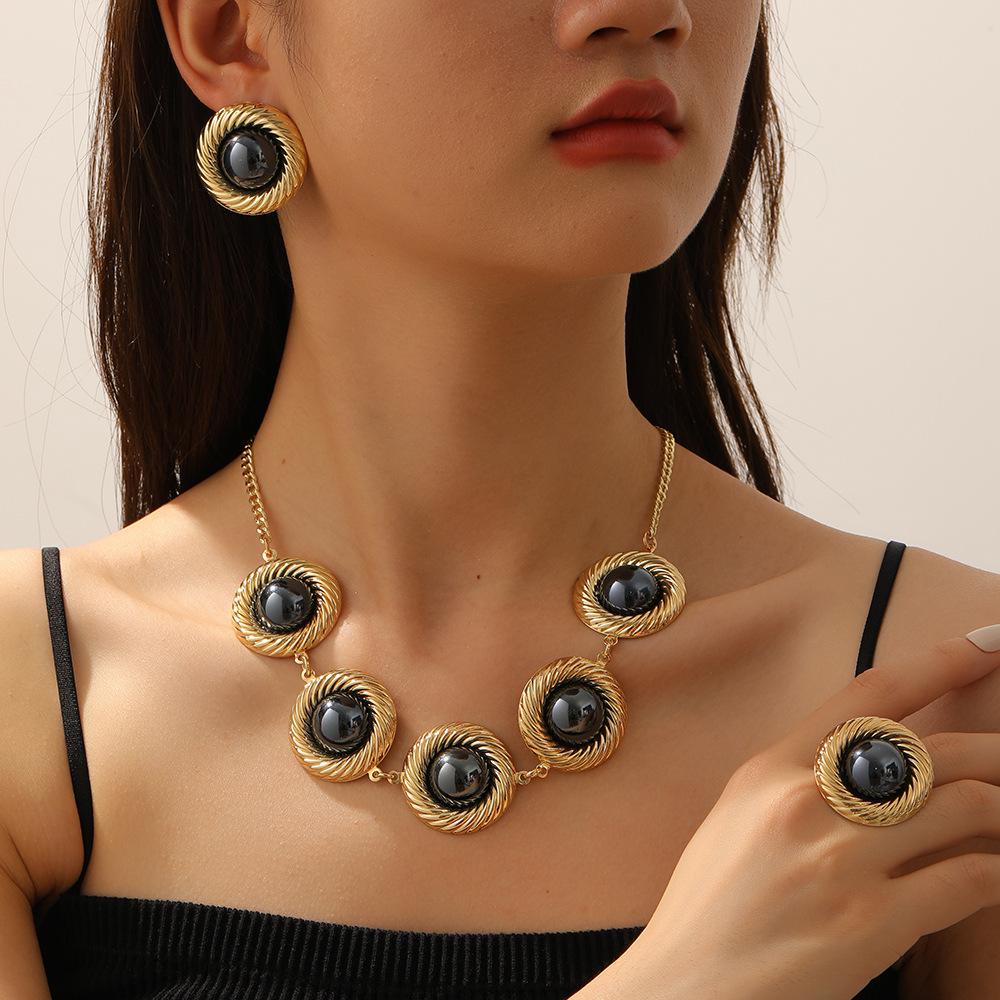Round Imitation Pearl Pendant Choker Ring Earrings Set Women Chic Party Jewery Accessory