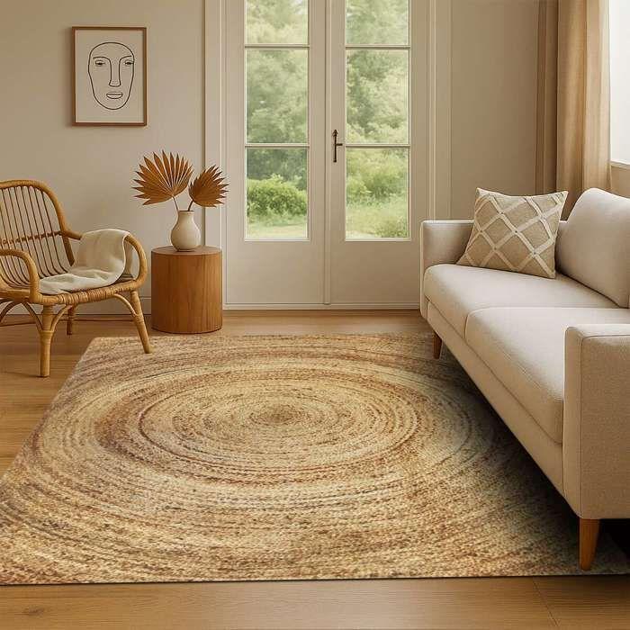 Tapis salon en jute tressé main motif rond naturel 300x400