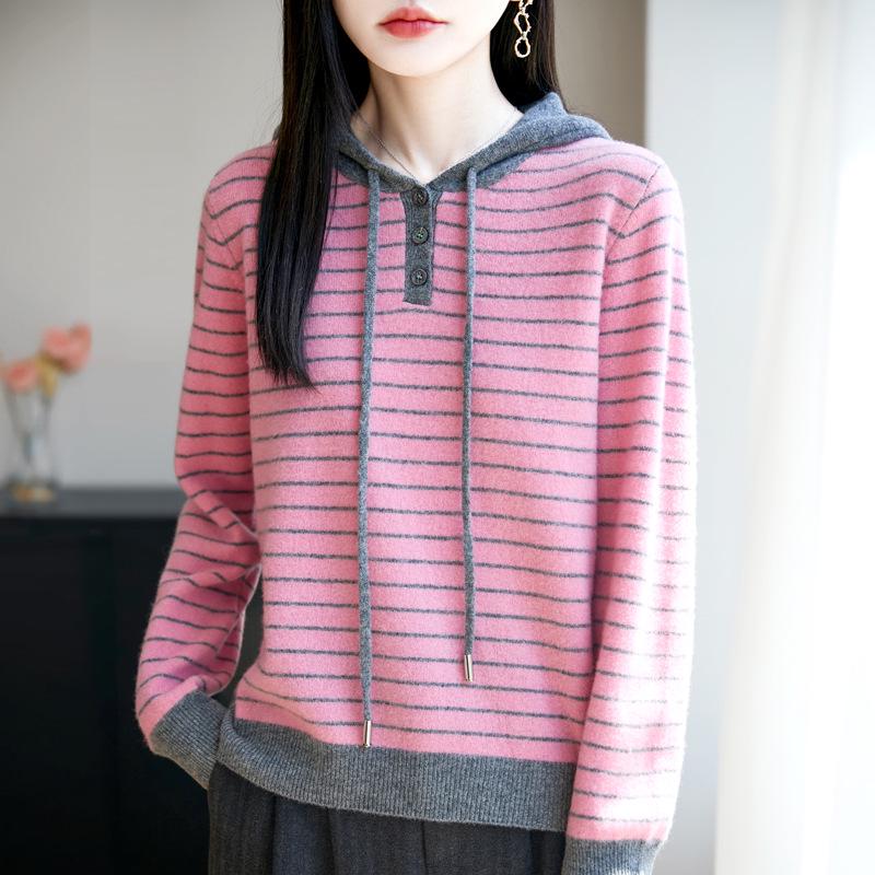 2025 Spring Slimming Striped Hooded Wool Sweater - Casual, Versatile Long-Sleeve Top for Spring and Autumn