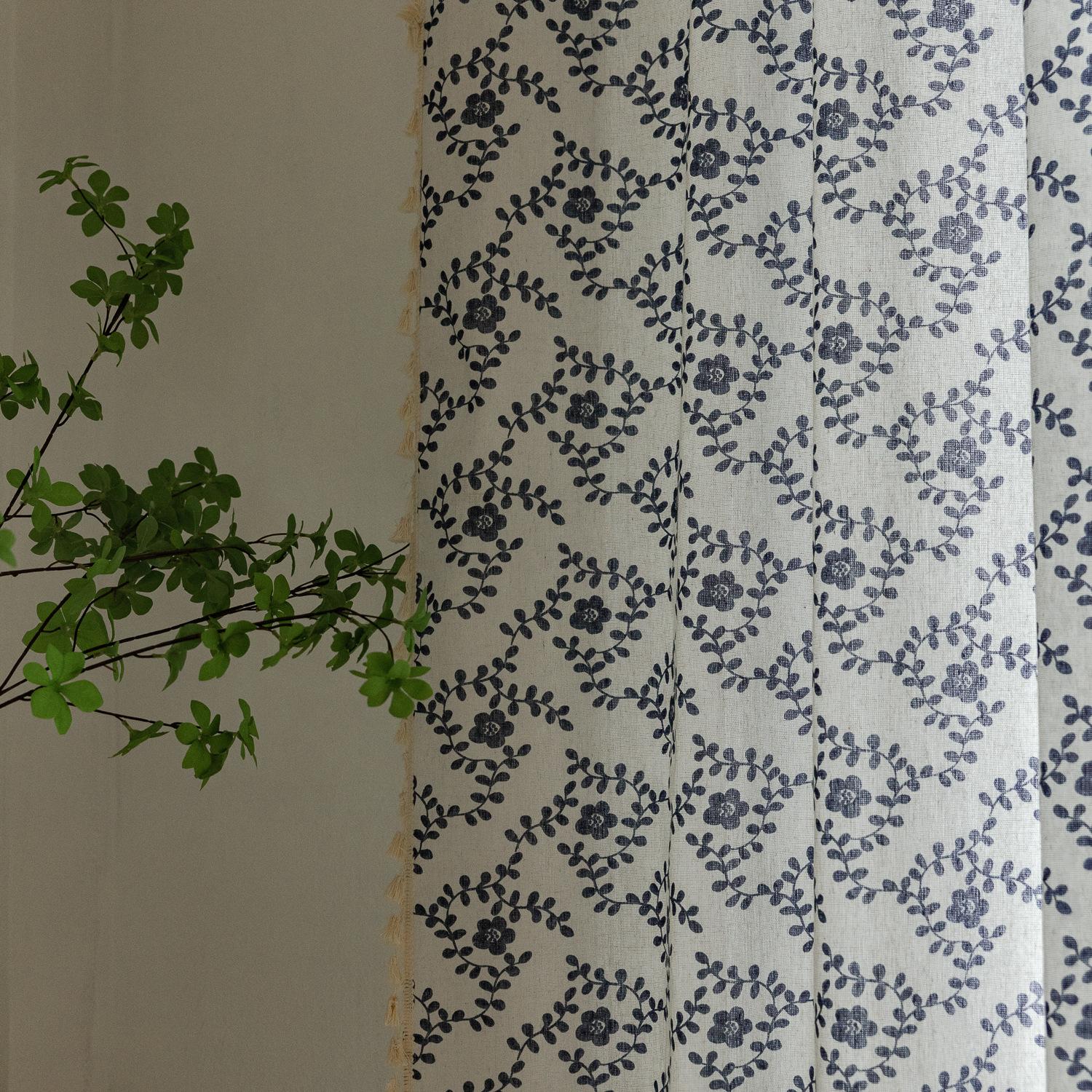 

No Punching Through Rod Lace Curtain Finished American Blue Cotton And Linen Printing Balcony Bay Window Table Short Curtain Coffee Half Curtain Height 45 * Width 132cm