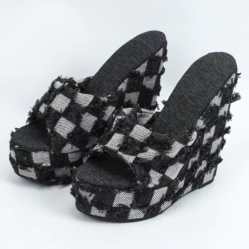 Eilyken Round Toe Platform Wedges High Heels Slippers Women Summer Denim Solid Sandals Concise Slides Female Shoes