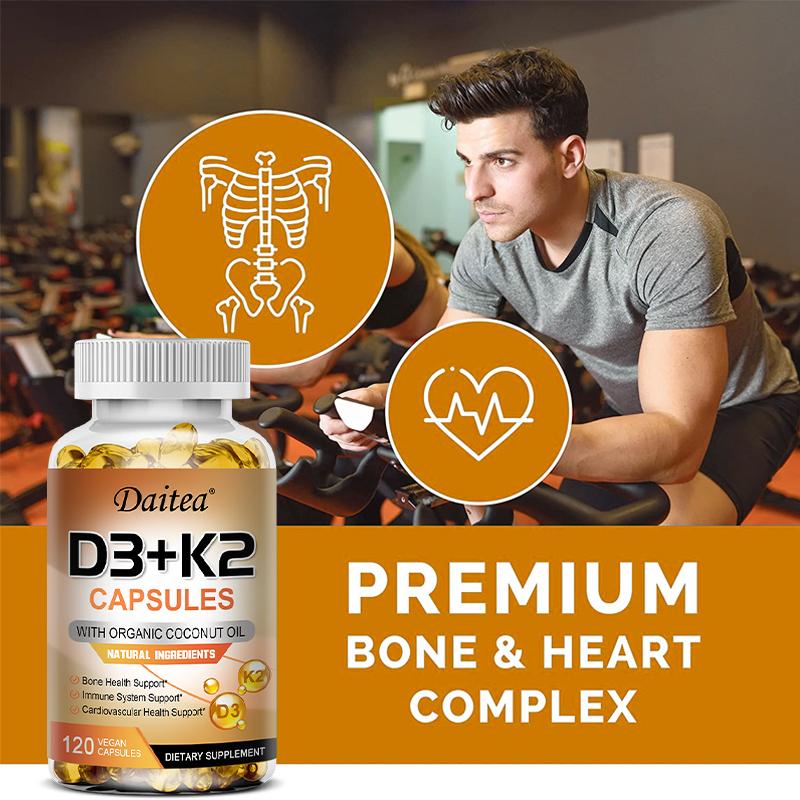 Vitamin D3 5000 IE + K2 MK-7 Kapseln mit Bio-Kokosöl, Vegan, GVO-frei, Glutenfrei, 120 Kapseln