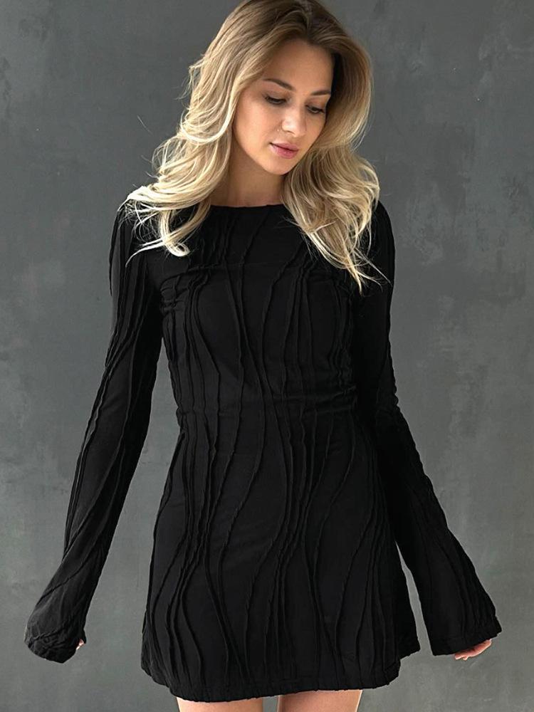 Women's Autumn Solid Color Round Neck Wavy Stripe Long Sleeve Bodycon Dress