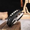 Mens Stainless Steel Bracelet With Black Leather Woven Multi-Layer Design Geometric Minimalist Style