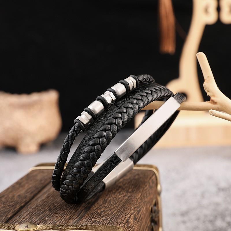 Mens Stainless Steel Bracelet With Black Leather Woven Multi-Layer Design Geometric Minimalist Style