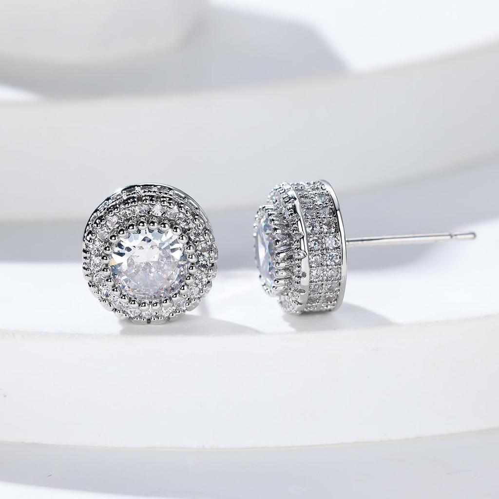 New Hong Kong Style Full Diamond Round Stud Earrings for Women - European & American High-End Hollow Design, Innovative and Stylish Jewelry