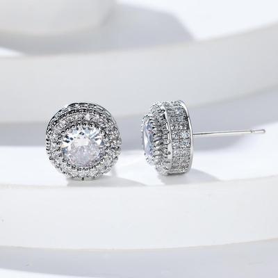 New Hong Kong Style Full Diamond Round Stud Earrings for Women - European & American High-End Hollow Design, Innovative and Stylish Jewelry