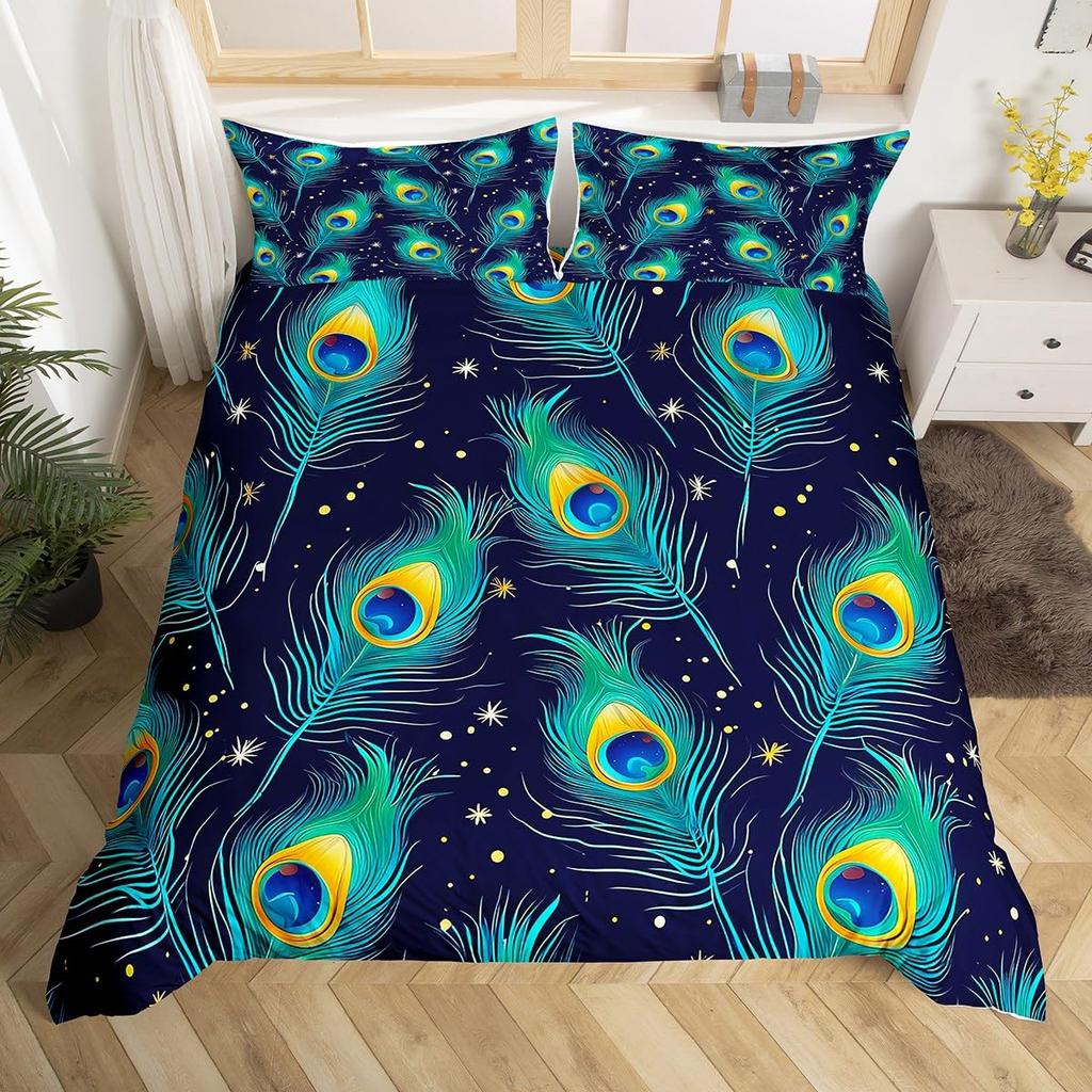 Peacock Feather Print Duvet Cover Set Queen Twin Bird Feathers Element Bedding Set Wild Animals Comforter Cover for Girls Teens