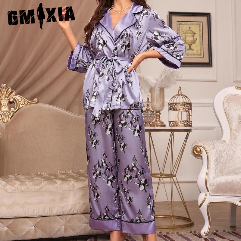GMXIA Pyjamas Autumn and Winter Women Simulation Silk French Cardigan Lace-up Robe Pajama Trousers Senior Sense of Homewear Suit