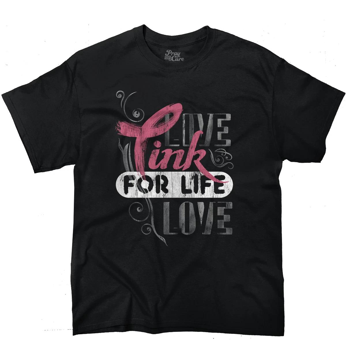 Live Love Pink Ribbon For Life Breast Cancer Womens Graphic Crewneck T Shirt Tee XS