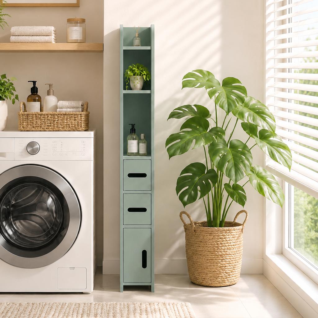 Bathroom Column Cabinet, Tall Toilet Storage with Shelves and Cupboards - 15 x 17 x 120 cm, Light Green