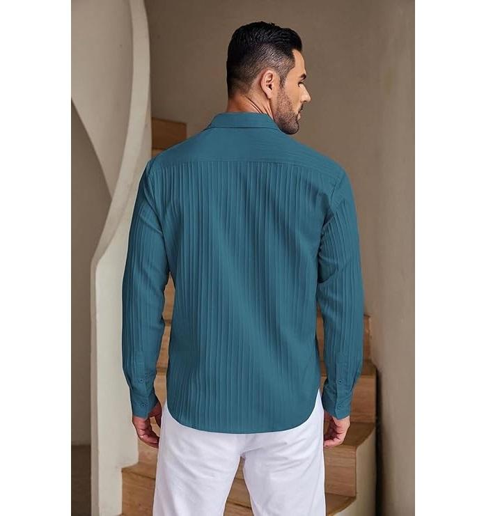 Men's Casual Button Down Shirts Long Sleeve Linen Shirt Fashion Textured Beach Summer Shirt