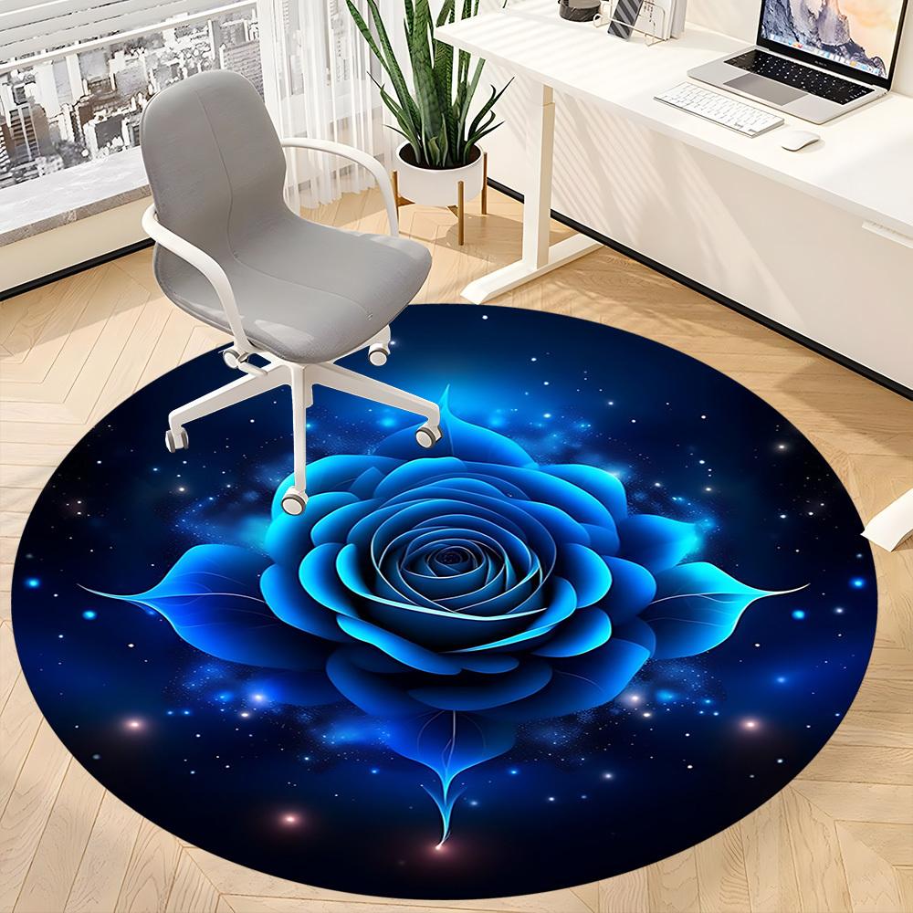 1pc Blue Rose Print Office Round Rug, Carpet for Office, Gaming, Lightweight Round Floor Mat Yy260208002