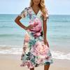 Women’s Casual Floral Print Short Sleeve V Neck Midi Dress with Elastic Waist for Everyday Wear and Comfort